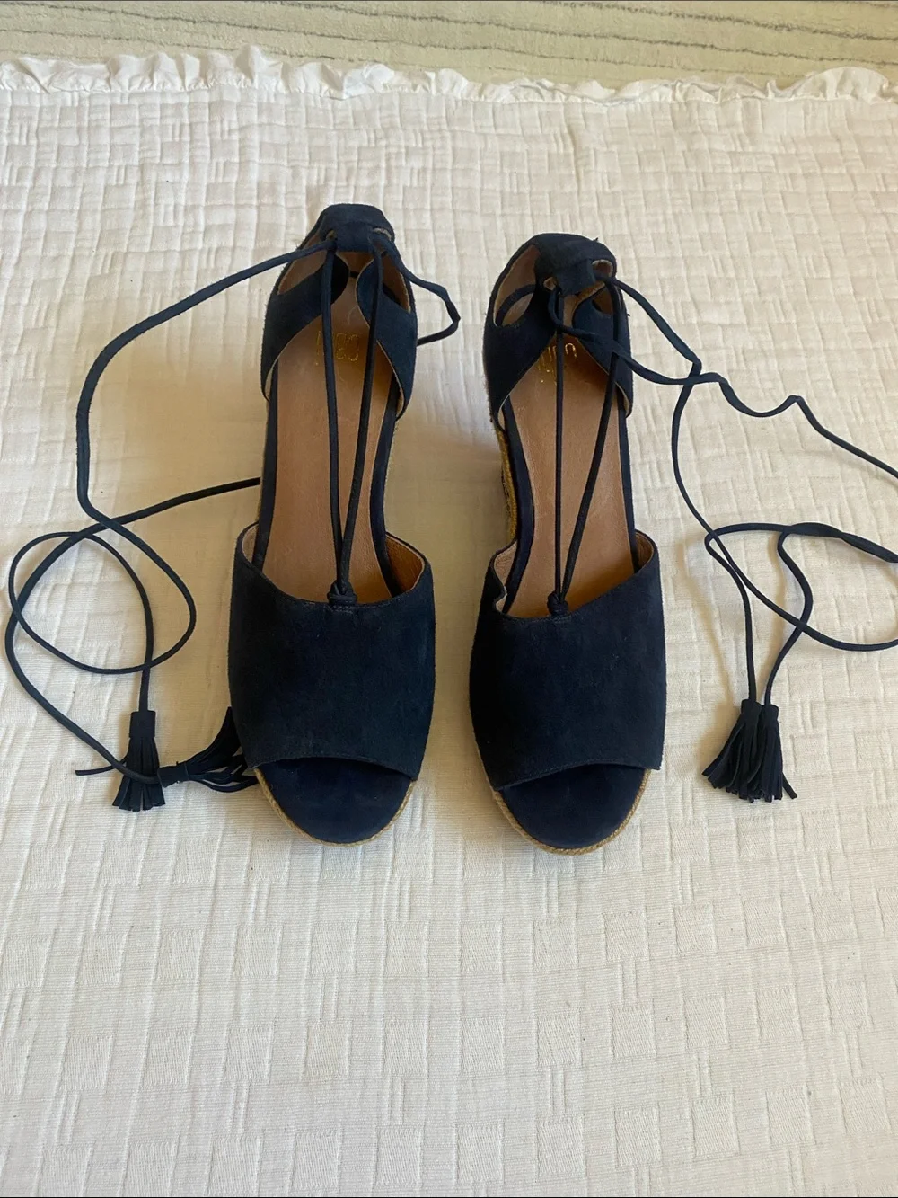 CAbi Navy Suede Lace-Up Wedge Espadrilles with Patterned Jute